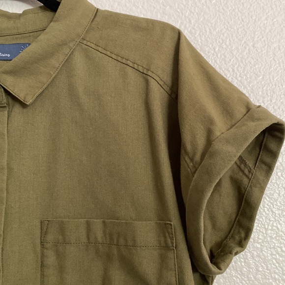 Indigo Rising Linen Blend Olive Button Up Shirt Top - Picture 3 of 7